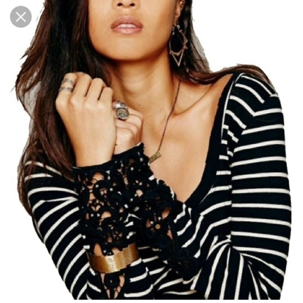 Free People Striped Long Sleeve Top with Lace Detail on sleeve